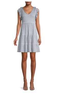Max Studio Striped Tiered Dress M Blue White Ruffle Travel Coastal Nautical